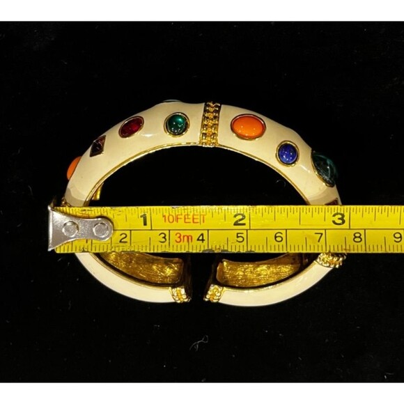 Signed KJL  Kenneth Jay Lane Ivory White Enamel MultiGem Cabochon Bangle Book Pc - Picture 10 of 11